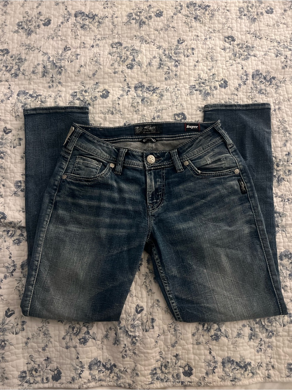 Silver Jeans Women's Distressed Dark Blue Boyfriend Jeans